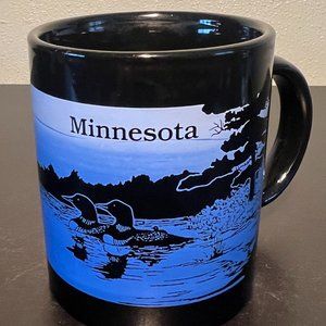 Minnesota Souvenir Ceramic Mug ~ Scenic Lake with Ducks in  Black on Blue